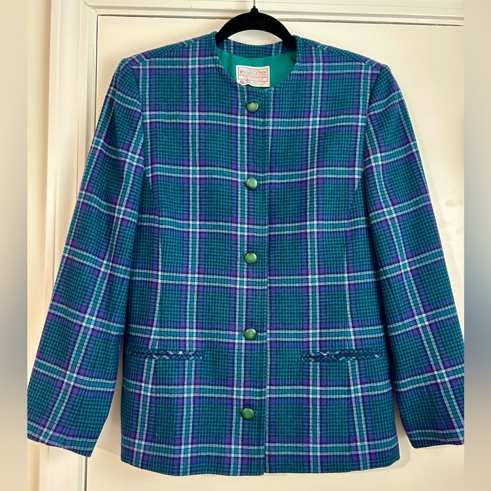 Pendleton Blazer Women’s Size 8 Petite Teal and Purple Plaid Wool Suit Vintage